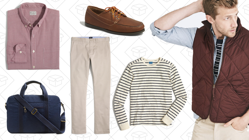 Washed Shirt in Microgingham, $22 | Camden Laptop Bag, $35 | G.H. Bass & Company Oxford Loafers, $68 | Flex Driggs Chino, $38 | Long-Sleeve Deck-Striped Textured Cotton T-Shirt, $16 | Walker Vest, $46